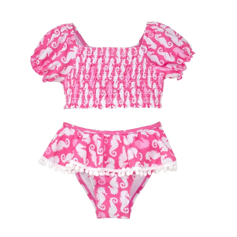 Flap Happy UPF 50+ Gemma Two-Piece Smocked Pom-Pom Swimsuit Happy Pink Seahorses